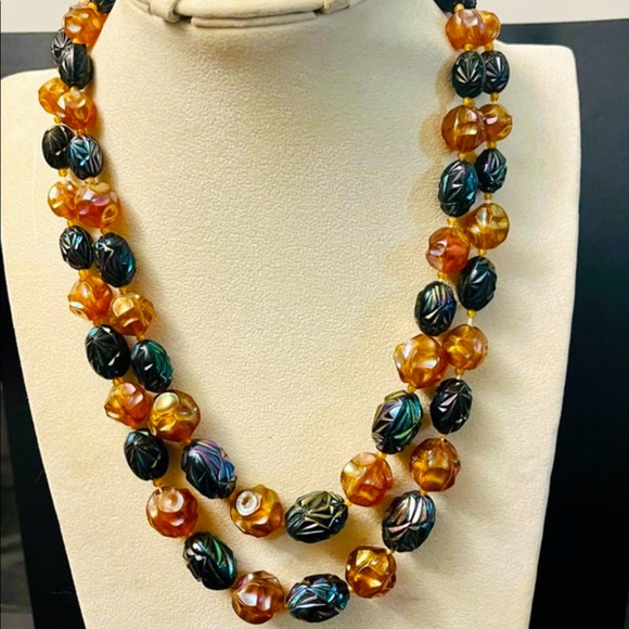 BOGO Vintage Signed Made in Austria Necklace “Carnival Glass” Plastic 2 Strand - Picture 1 of 9